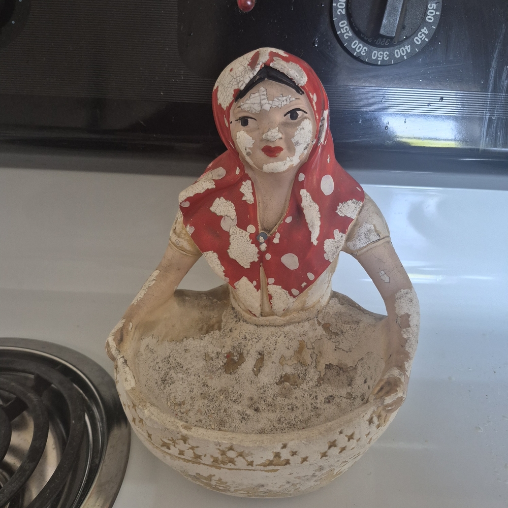 Vintage Ceramic Woman Figurine with Red Headscarf
